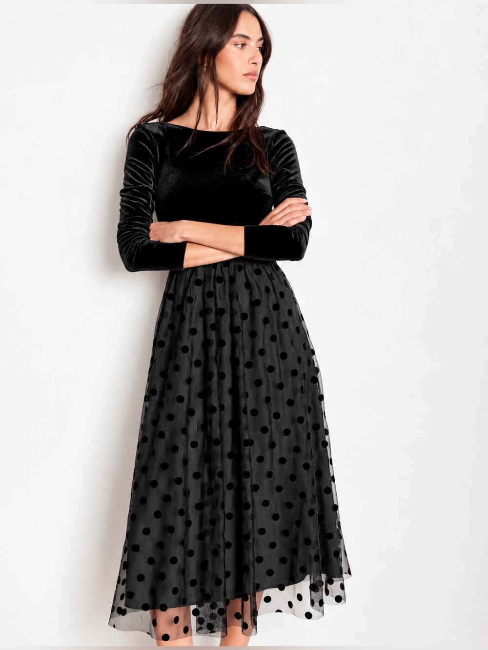 Boden Black Velvet Polka Dot Tulle Midi Dress | Size 8